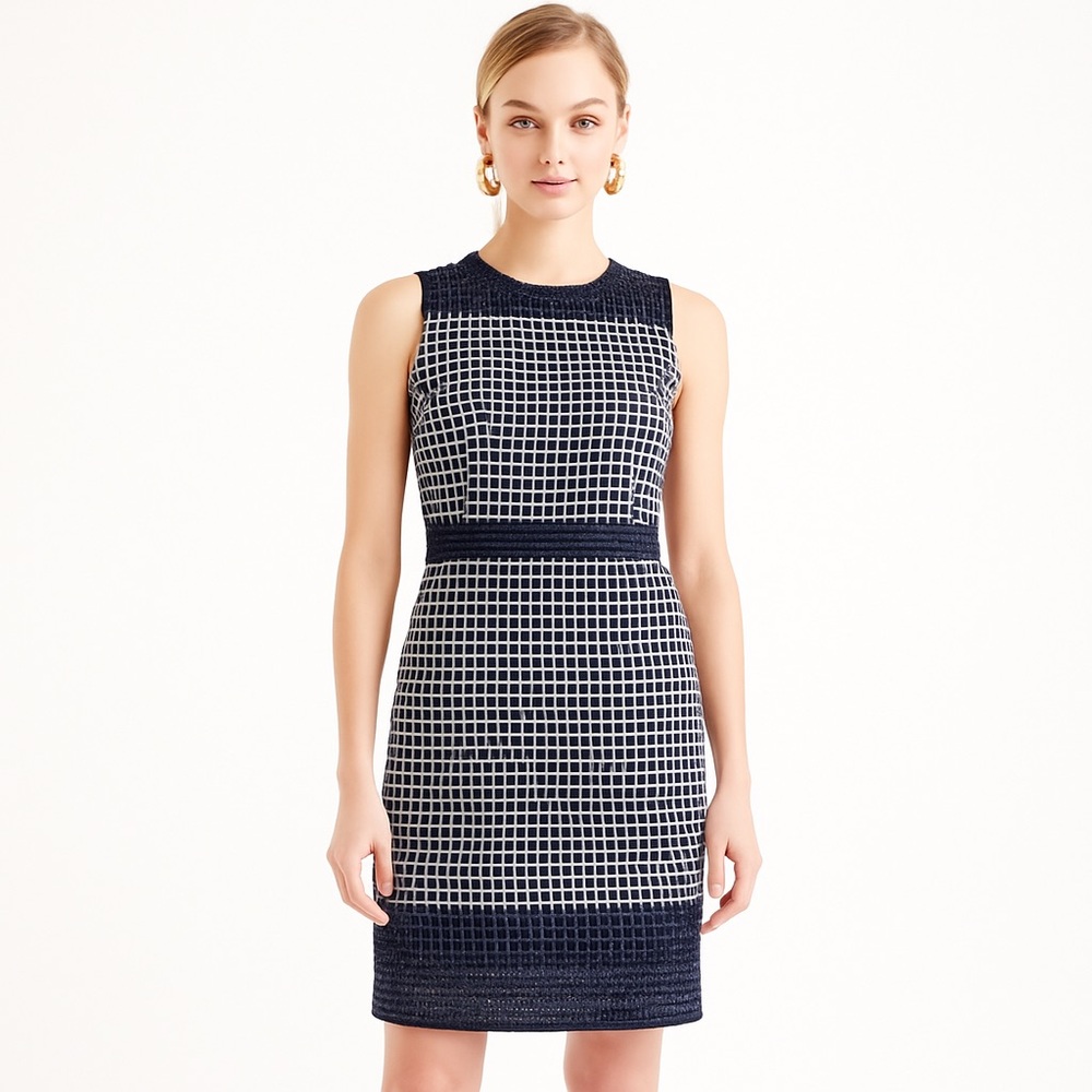 J. Crew Tweed Sleeveless Perfect‎ Sheath Dress in Navy & White 4P